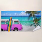 Serviette De Plage Plage avec Fuchsia Pink Van et Surfboard (Devant)