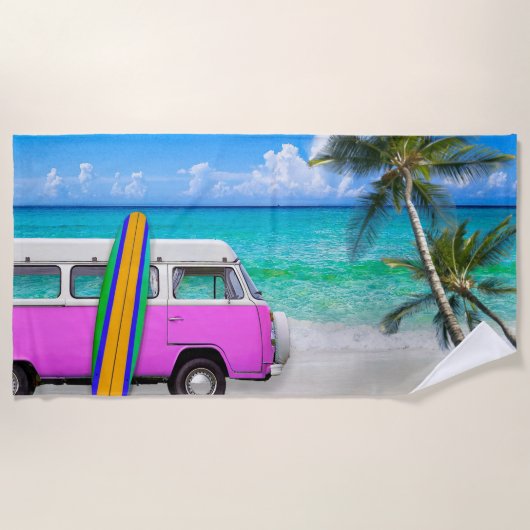 Serviette De Plage Plage avec Fuchsia Pink Van et Surfboard (Devant)