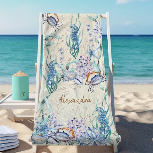 Serviette De Plage Plage côtière Vie marine Personnalisée