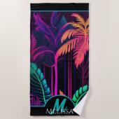 Serviette De Plage Plage de palmiers tropicaux Noir noir monogramme (Devant)