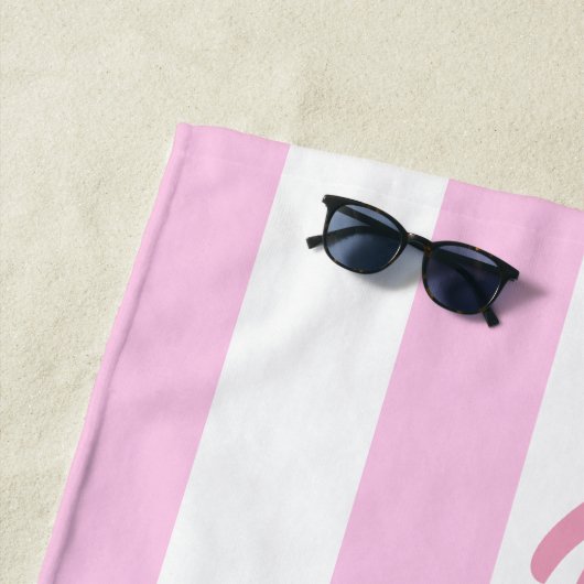 Serviette De Plage Plage de repos Face rayée rose et blanc (En situation)