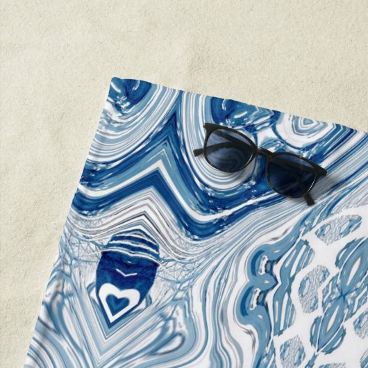 Serviette De Plage plage d'été vagues nautiques aquarelle bleu tourbi (En situation)