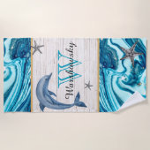 Serviette De Plage Plage Dolphin Blue Marble Famille Monogramme (Devant)