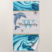 Serviette De Plage Plage Dolphin Blue Marble Famille Monogramme (Devant)