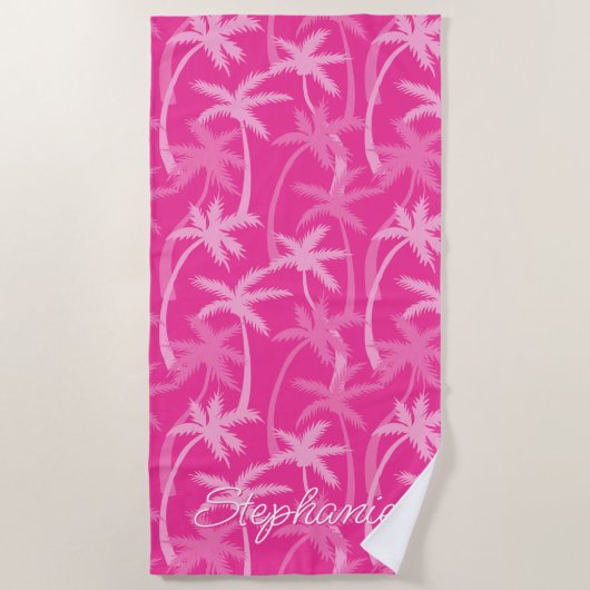 Serviette De Plage Plage tropicale Palmier rose chaud Monogramme (Devant)
