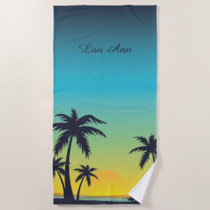 Serviette De Plage Plage tropicale vintage Coucher de soleil d'été Pa