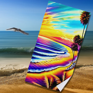 Serviette De Plage Plage ultra colorée Sunset Vagues & Palmiers