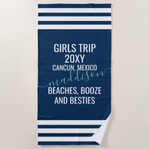 Serviette De Plage Plages & Besties Marine Personnalisée Bleu Blanc