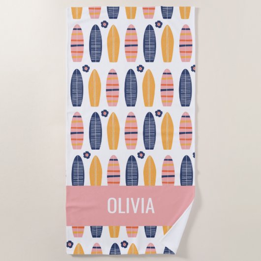 Serviette De Plage Planches de surf roses Surfs Up et fleurs (Devant)