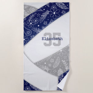 Serviette De Plage plumes florales bleu gris boho volley-ball motif
