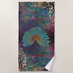 Serviette De Plage Plumes Peacock Purple Turquoise Gold Scrolls