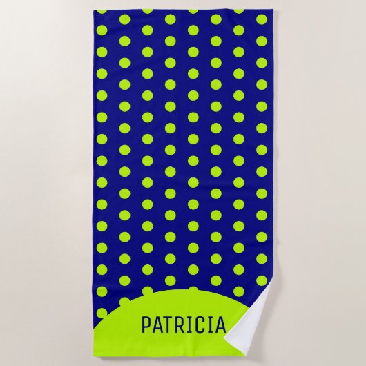 Serviette De Plage Point Polka bleu marine et vert citron personnalis (Devant)