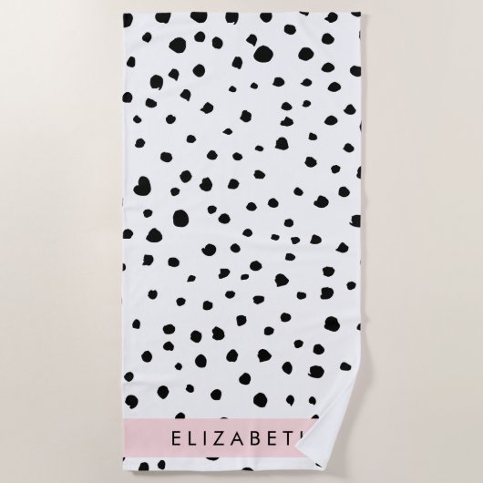Serviette De Plage Points dalmatiens, Spots, Noir et Blanc, Votre nom (Devant)