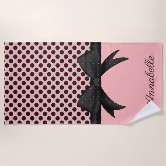 Serviette De Plage Points et ruban roses noirs (Devant)