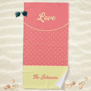 Serviette De Plage Points Rétro Jaune rose du milieu du siècle Aimer