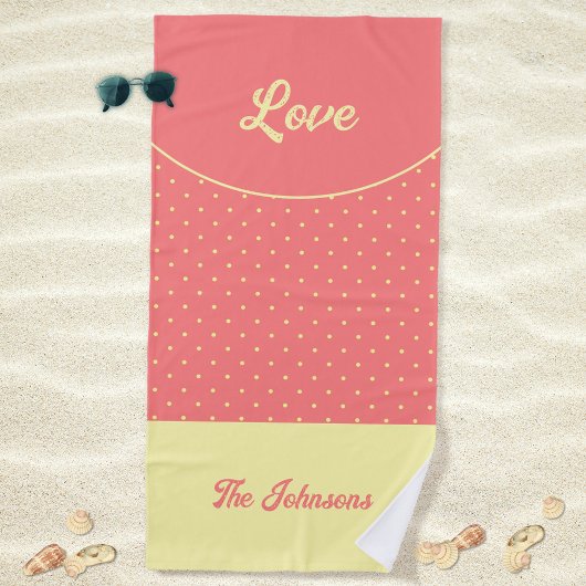 Serviette De Plage Points Rétro Jaune rose du milieu du siècle Aimer