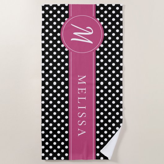 Serviette De Plage Pois de Monogramme blanc rose noir (Devant)