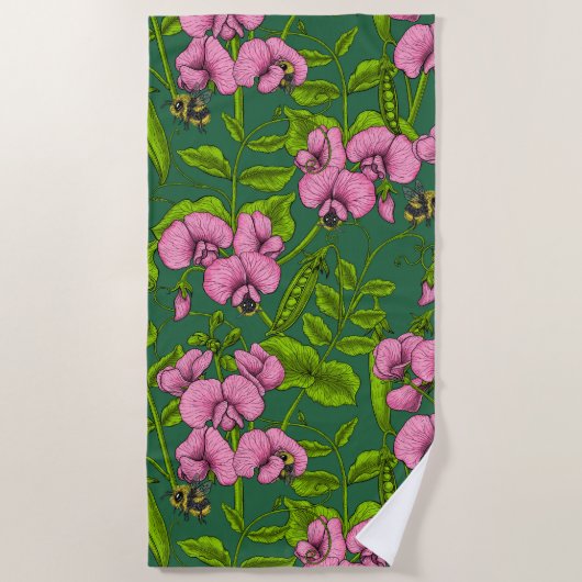 Serviette De Plage Pois doux et bourdons, vert et rose (Devant)