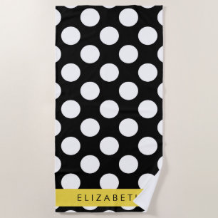 Serviette De Plage Pois noirs et blancs, pointillés, Votre nom