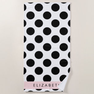Serviette De Plage Pois noirs et blancs, pointillés, Votre nom