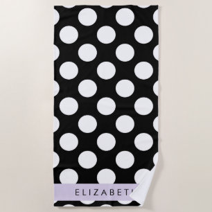 Serviette De Plage Pois noirs et blancs, pointillés, Votre nom