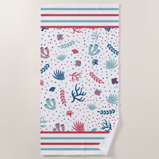 Serviette De Plage Pois, Stripes, Poisson et Corail (Devant)