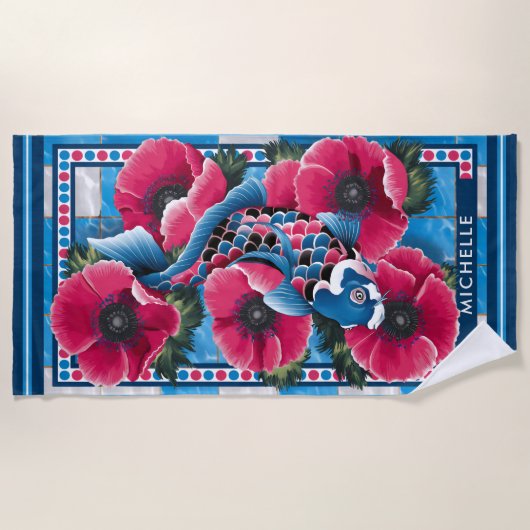 Serviette De Plage Poisson bleu Koi & Fleurs roses Pool Personnalisé (Devant)