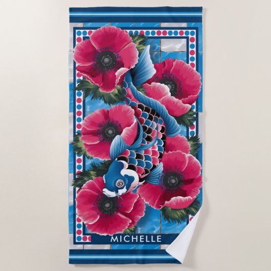 Serviette De Plage Poisson bleu Koi & Fleurs roses Pool Personnalisé (Devant)