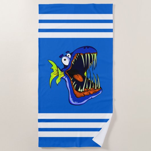 Serviette De Plage Poisson bleu Piranha sur Bleu et Blanc rayé (Devant)