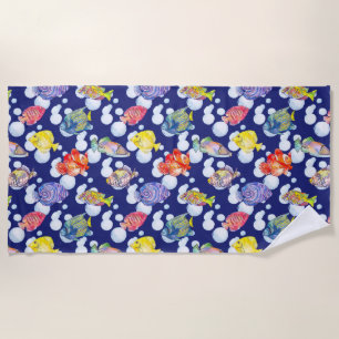 Serviette De Plage Poisson coloré Bubbles blancs Arrière - plan bleu