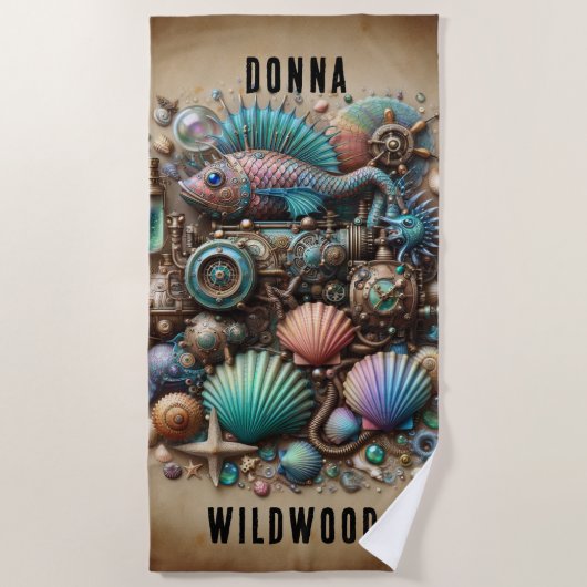 SERVIETTE DE PLAGE POISSON ET COQUILLES À VAPEUR BLANC, PERSONNALISÉS (Devant)