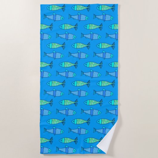 Serviette De Plage Poisson moderne rétro, bleu turquoise et cerulean (Devant)