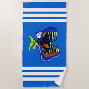 Serviette De Plage Poisson Piranha Bleu sur Rayures Blanches et Bleue