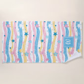 Serviette De Plage Poisson rose bleu turquoise étoile rayé Monogramme (Devant)