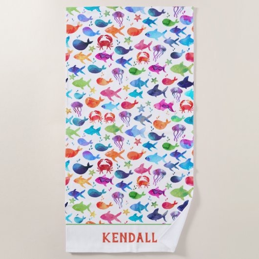 Serviette De Plage Poissons d'aquarelle d'arc-en-ciel sous les (Devant)