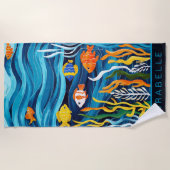 Serviette De Plage Poissons tropicaux et vagues bleues sur mesure (Devant)
