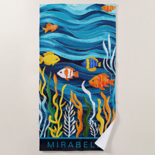 Serviette De Plage Poissons tropicaux et vagues bleues sur mesure