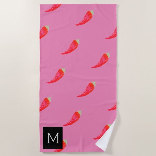 Serviette De Plage Poivrons rouges à l'aquarelle initiale rose (Devant)