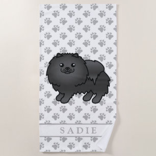Serviette De Plage Pomeranian noir Chien de dessin animé mignon & nom