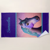 Serviette De Plage Poney magique en violet et sarcelle avec nom perso (Devant)