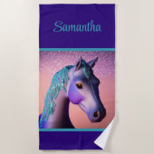 Serviette De Plage Poney magique en violet et sarcelle avec nom perso (Devant)