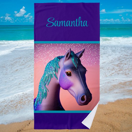 Serviette De Plage Pony magique en violet et Turquoise avec nom perso