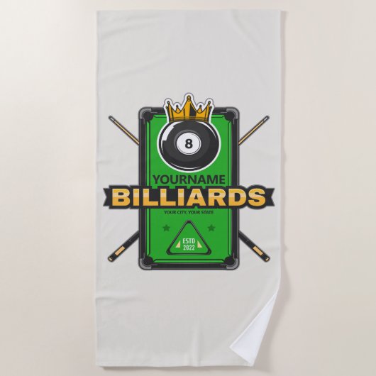 Serviette De Plage Pool Hall personnalisé NOM 8 Ball Crown Billiards (Devant)