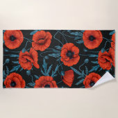 Serviette De Plage Poppies, rouge et bleu sur noir (Devant)