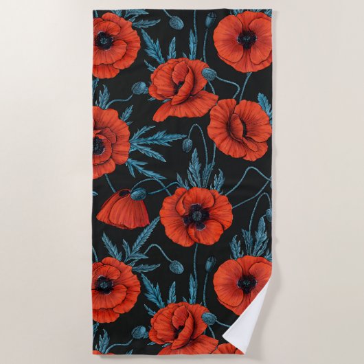 Serviette De Plage Poppies, rouge et bleu sur noir (Devant)