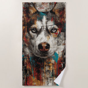 Serviette De Plage Portrait d'art de rue Husky dans le style graffiti
