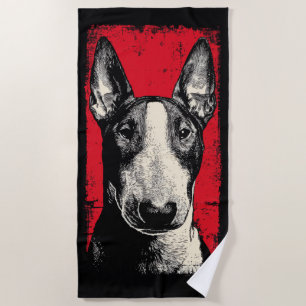 Serviette De Plage Portrait de Bull Terrier Gras sur Fond Rouge