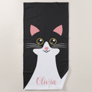 Serviette De Plage Portrait de chat noir mignon du milieu du siècle