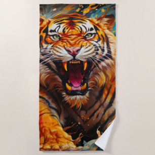 Serviette De Plage Portrait de Tigre Rugissant Intense