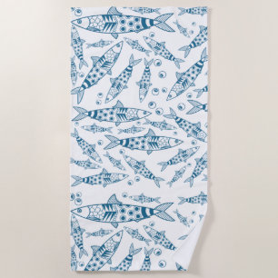 Serviette De Plage Portugais Lisbonne Sardines Motif Azulejos Blanc